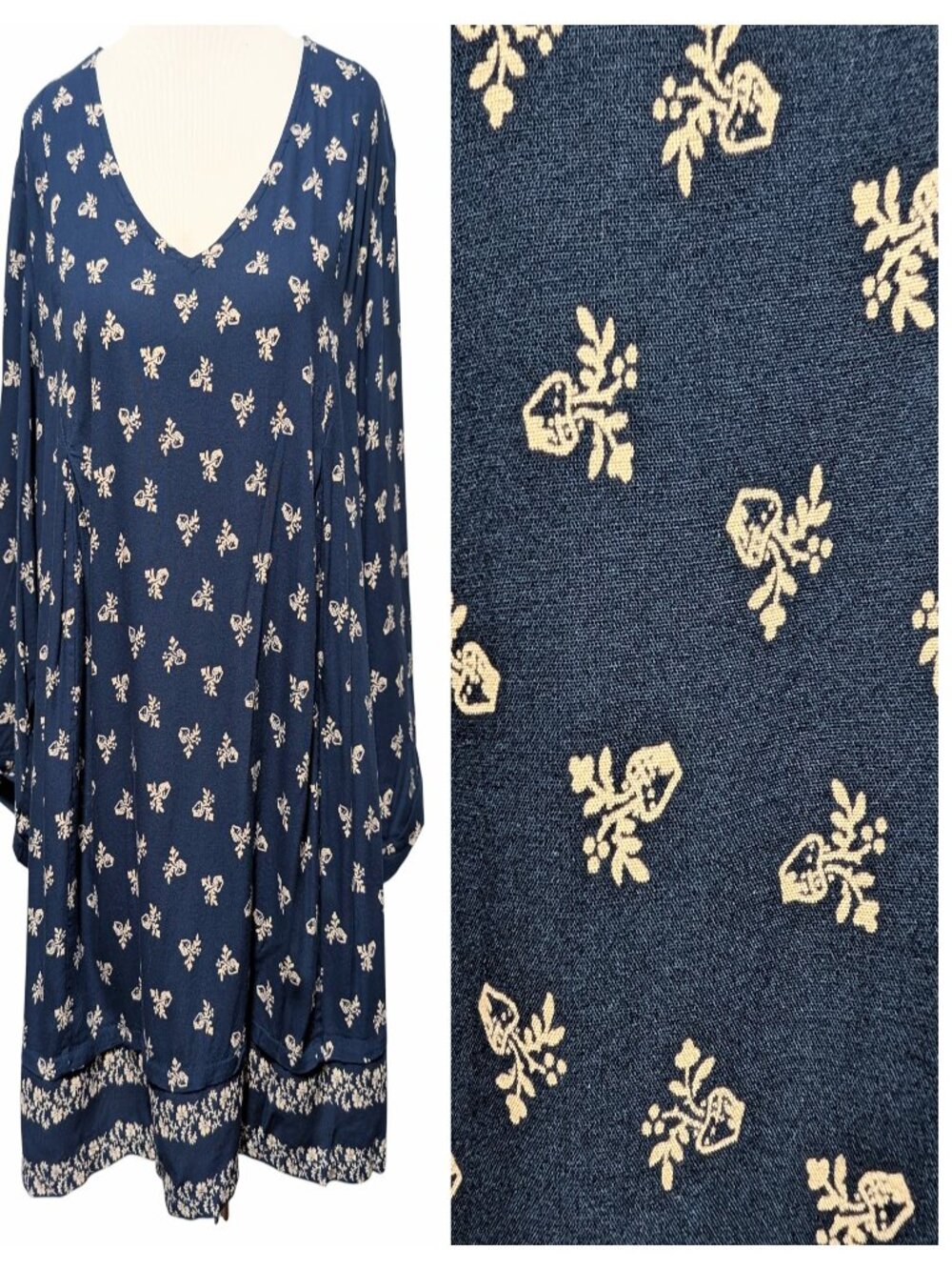 April Cornell Womens Size XXL Navy Blue Flowerpot Printed 3/4 Sleeve V-Neck Top